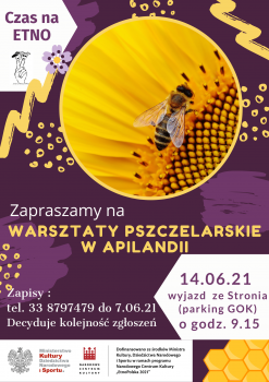 Plakat informujący o warsztatach pszczelarskich w Apilandi w dniu 16 czerwca 2021