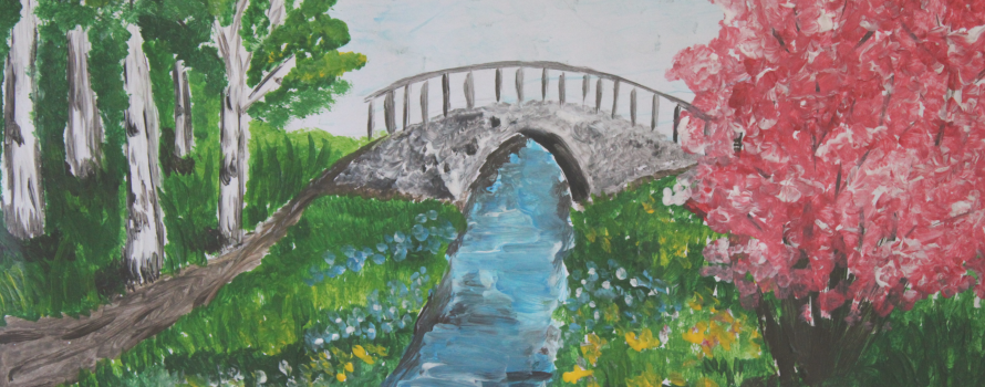 Obraz z mostem i rzeką namalowane farbami