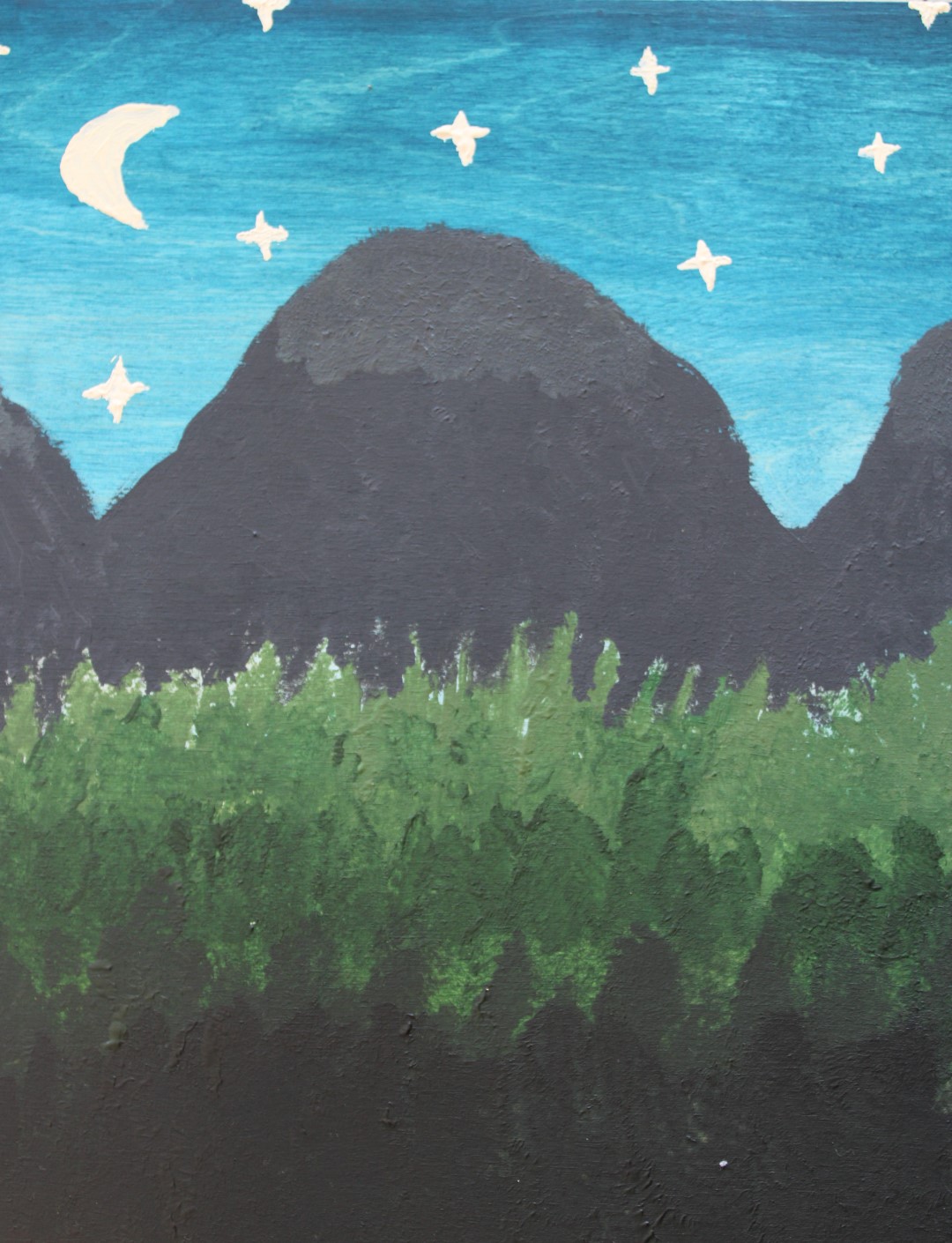 Praca plastyczna malowana farbami na drewnie, przedstawia las iglasty oraz góry nocą